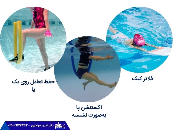 حرکات حفظ تعادل روی یک پا، حرکت جانبی و دوچرخه‌‌سواری در آب